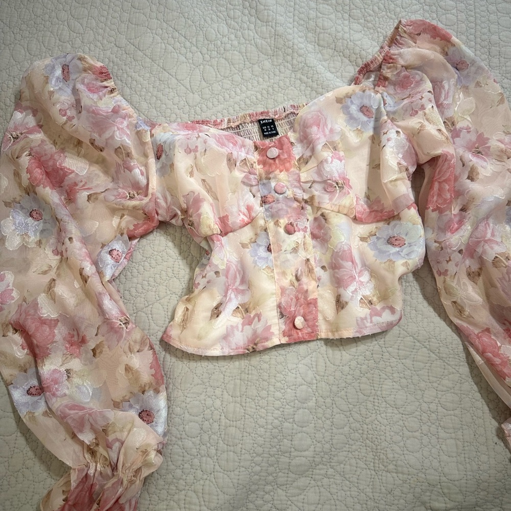 Floral Puff Sleeve Blouse - Pink and Cream